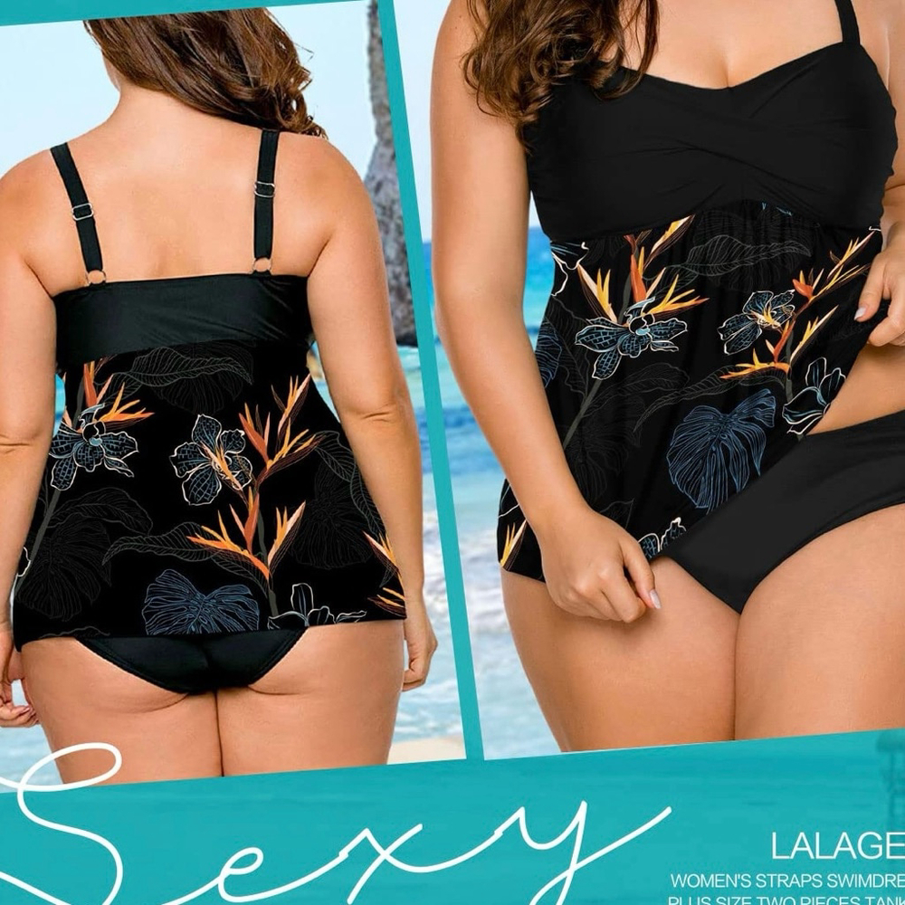 Women's LALAGEN Tankini Swimsuit XXL Black Floral